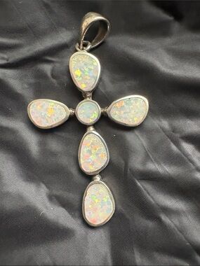 Sterling Silver Firey White Opal Cross Pendant - Women Jewelry